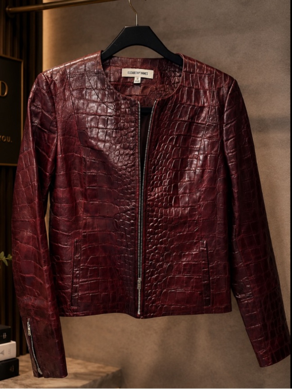Elizabeth and James Deep Red Croc-Embossed Leather Jacket